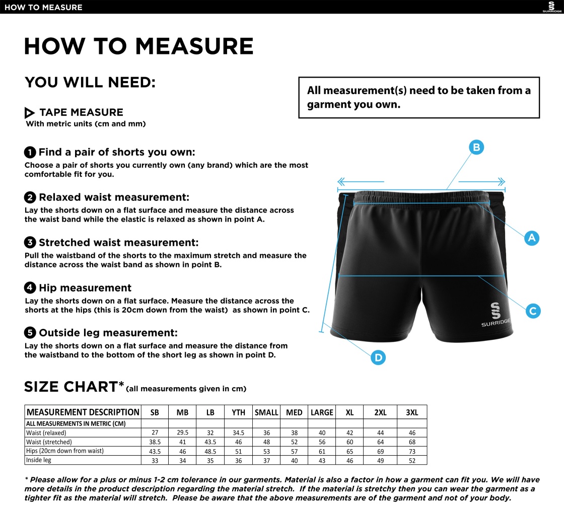 Conisbrough CC - Dual Gym Shorts - Size Guide