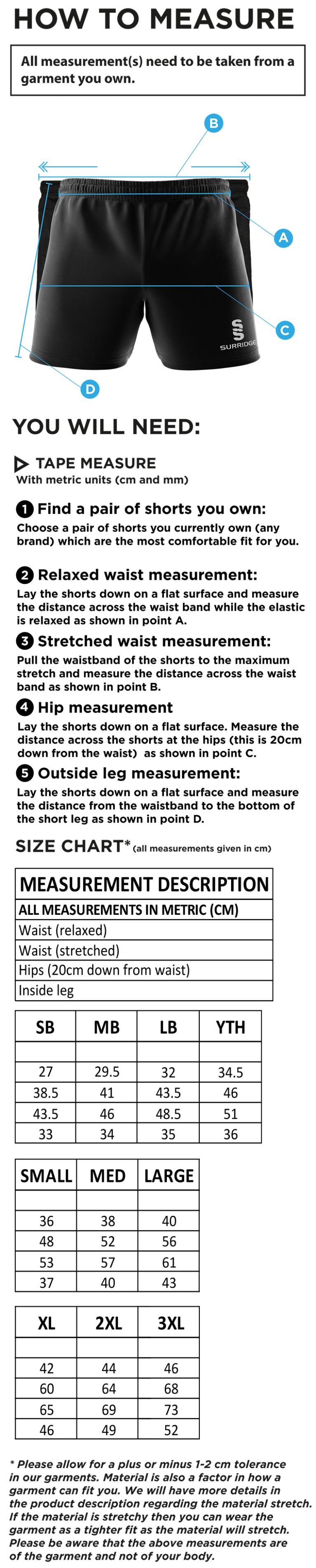 Conisbrough CC - Dual Gym Shorts - Size Guide
