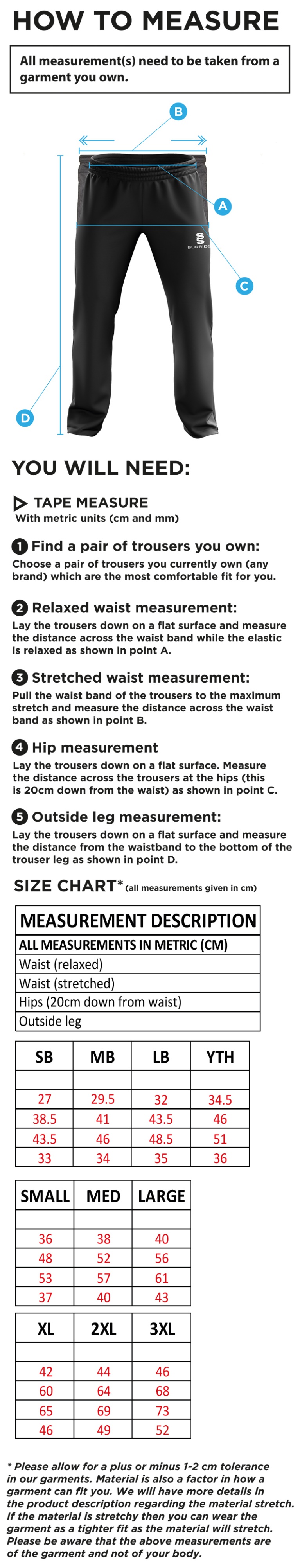 Conisbrough CC - Ripstop Track Pant - Size Guide