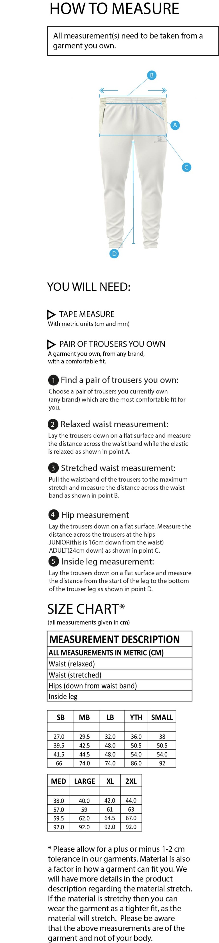 Conisbrough CC - Coloured Cricket Trousers - Size Guide