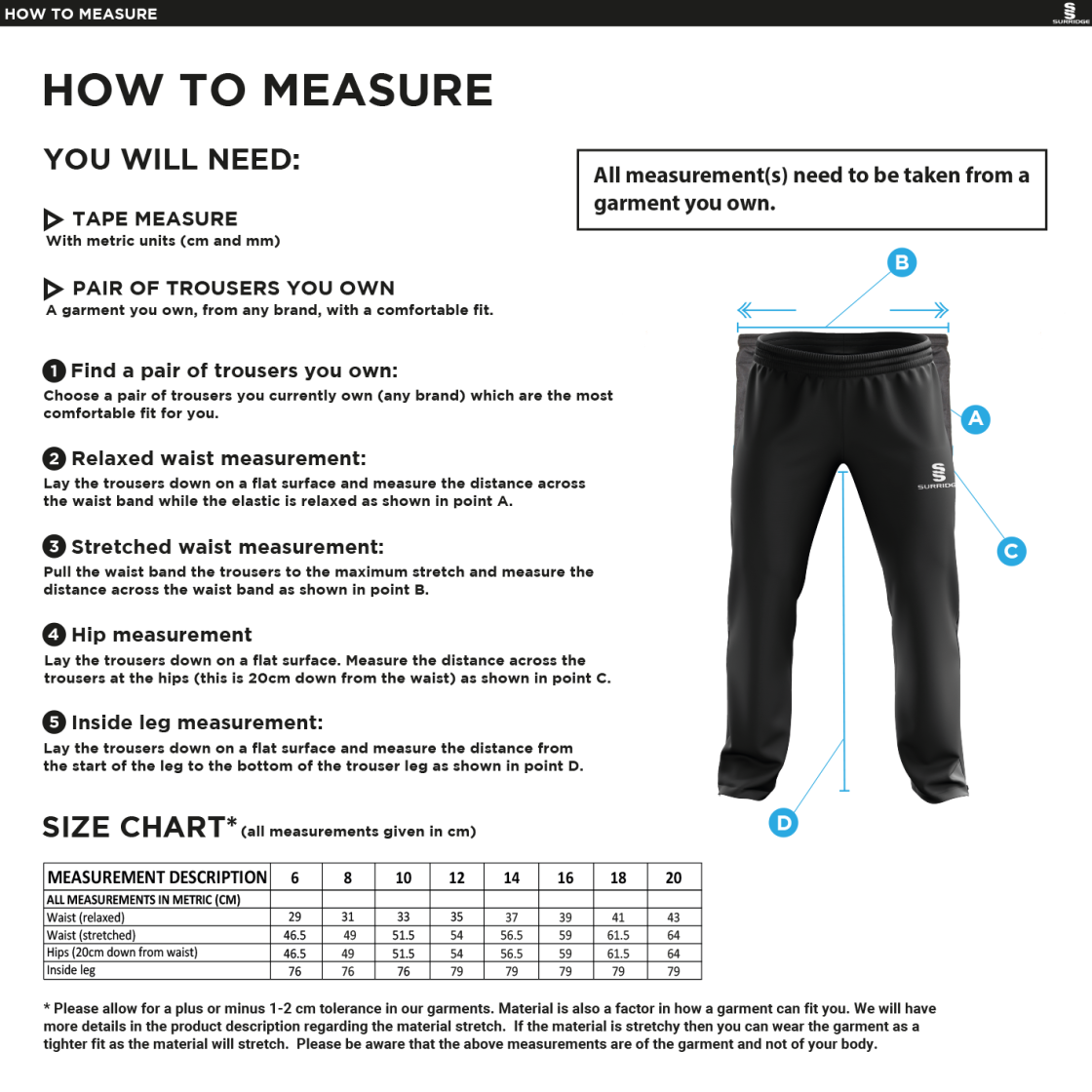 Conisbrough CC - Women's Poplin Track Pant - Size Guide