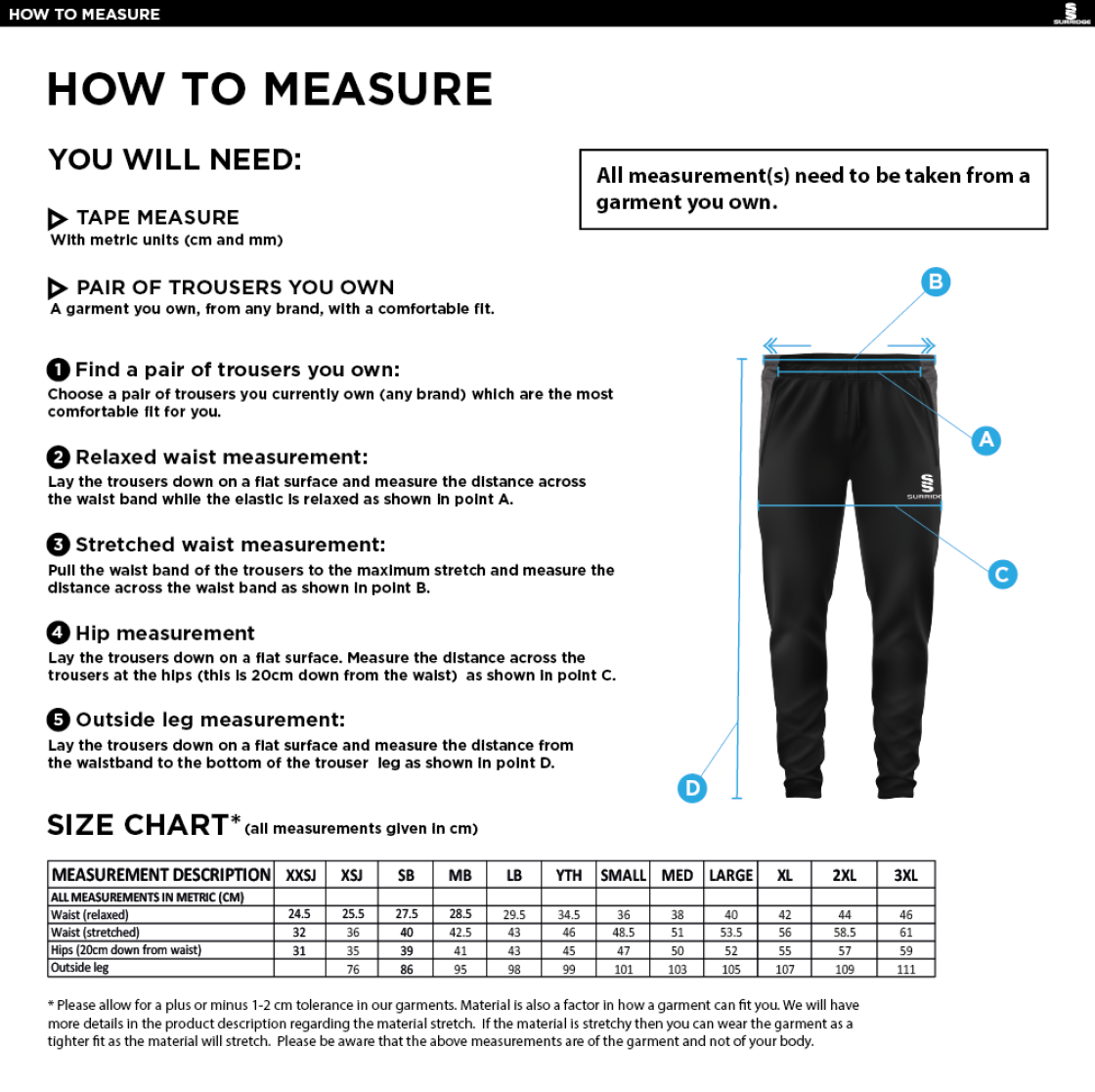 Conisbrough CC - Slim Training Pants - Size Guide