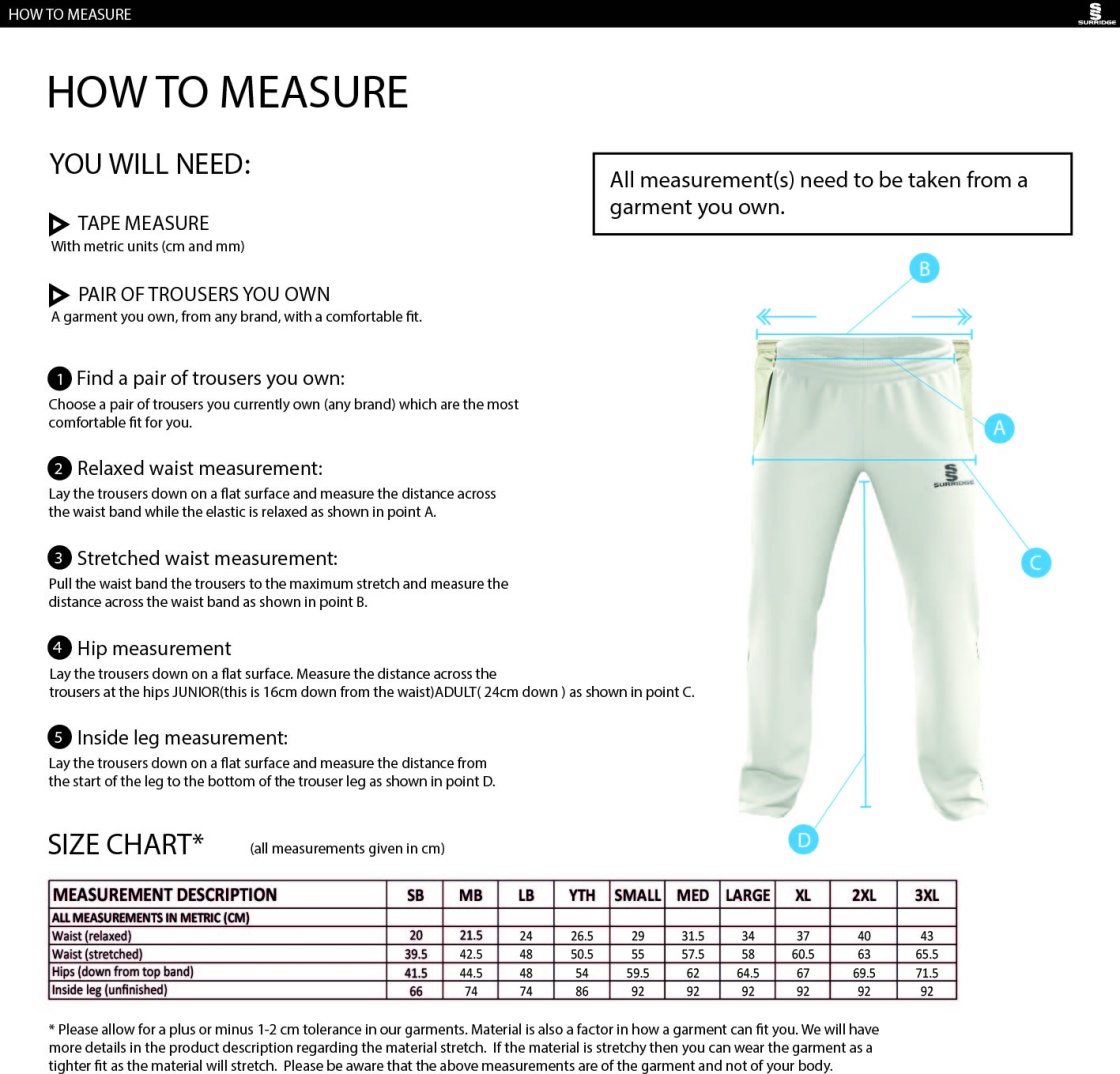 Conisbrough CC - Standard Fit Cricket Trousers - Size Guide