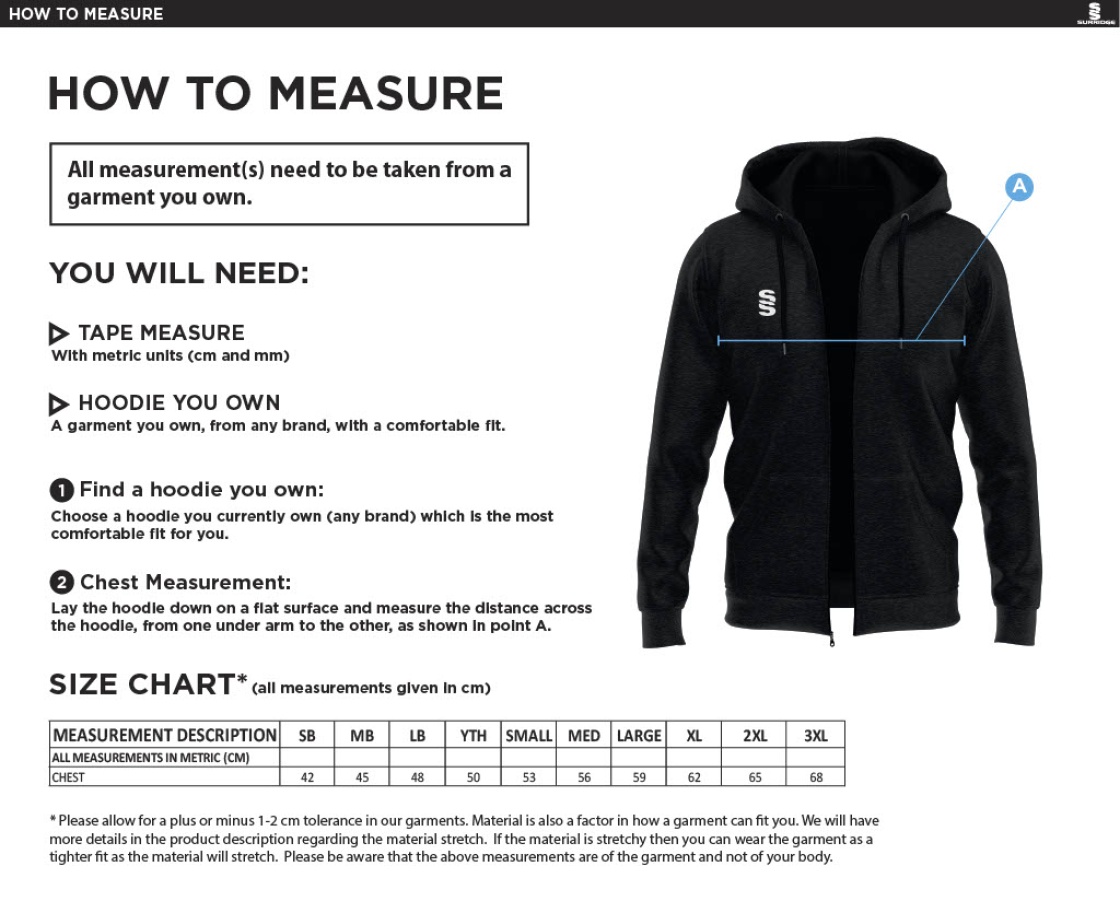 Conisbrough CC - Dual Bonded Full Zip Hoody - Size Guide
