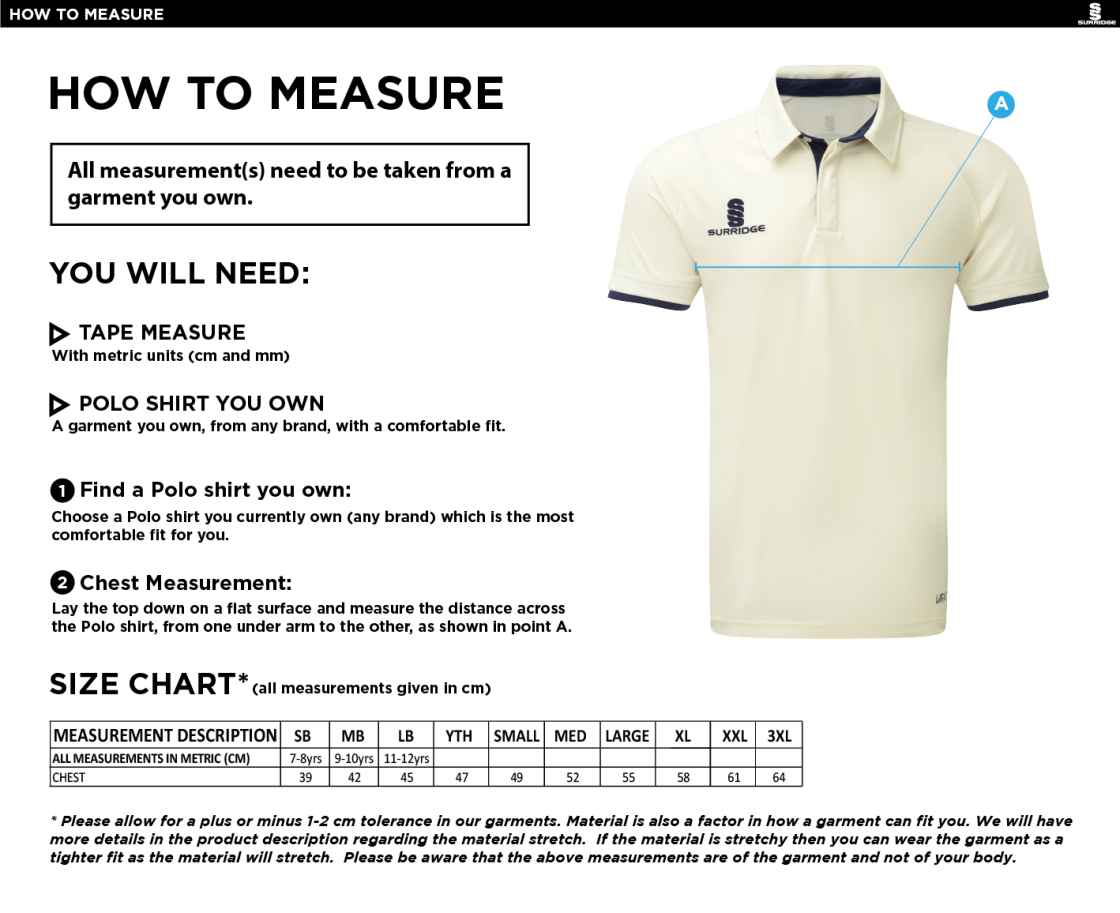 Conisbrough CC - Ergo Short Sleeve Playing Shirt - Size Guide