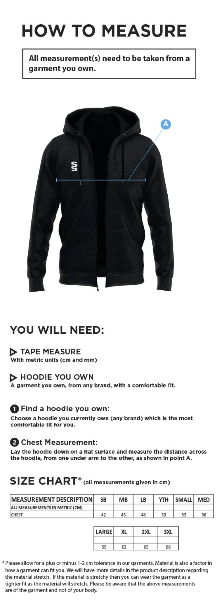 Conisbrough CC - Dual Bonded Full Zip Hoody - Size Guide