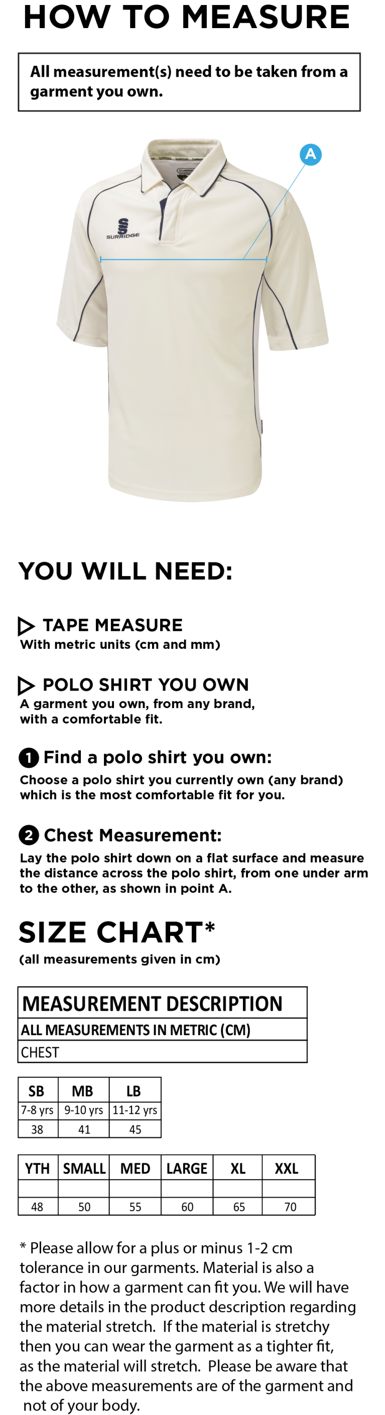 Conisbrough CC - Premier 3/4 Sleeve Playing Shirt - Size Guide