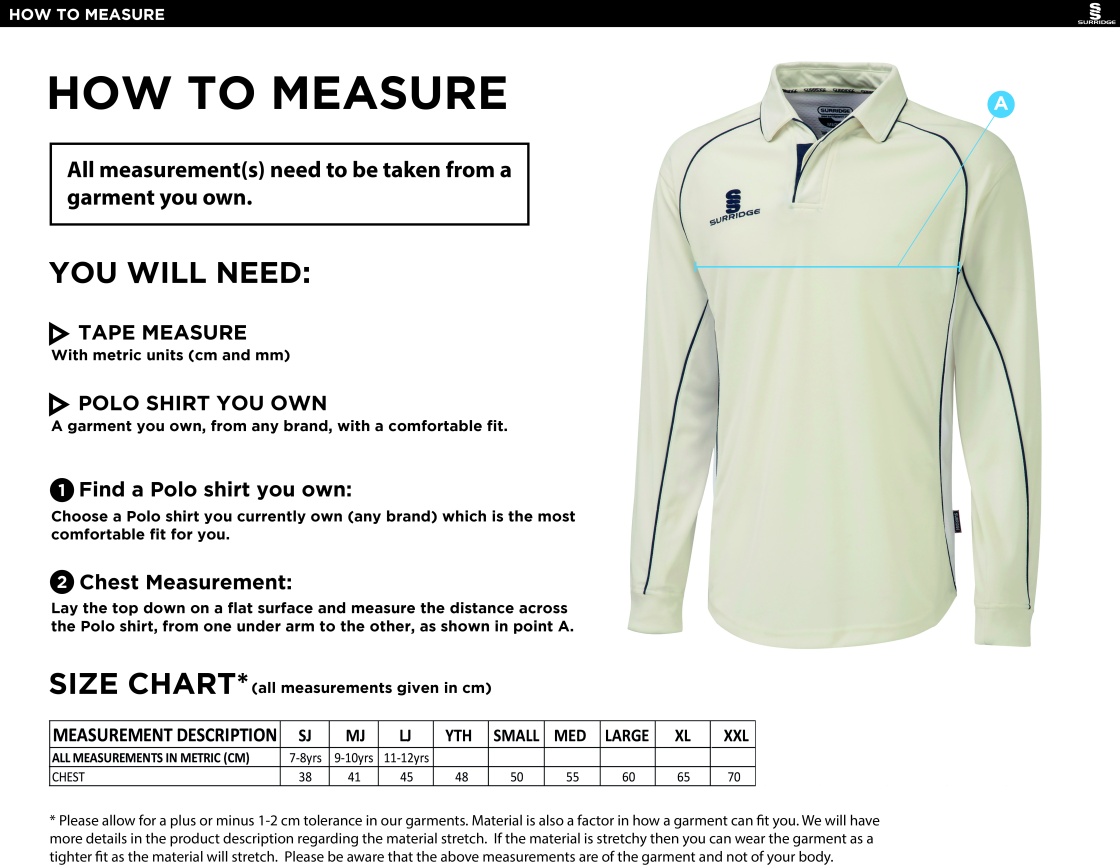 Conisbrough CC - Premier Long Sleeve Playing Shirt - Size Guide