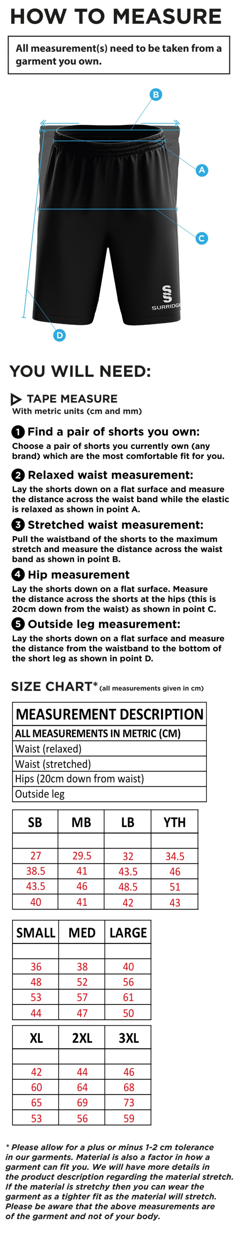 Conisbrough CC - Ripstop Leisure Shorts - Size Guide