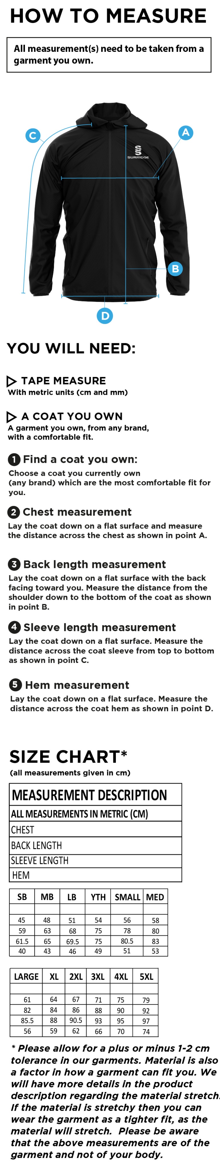 Conisbrough CC - Lightweight Full Zip Training Jacket - Size Guide