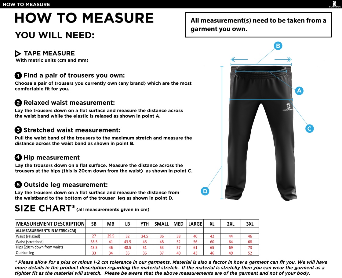 Conisbrough CC - Ripstop Track Pant - Size Guide