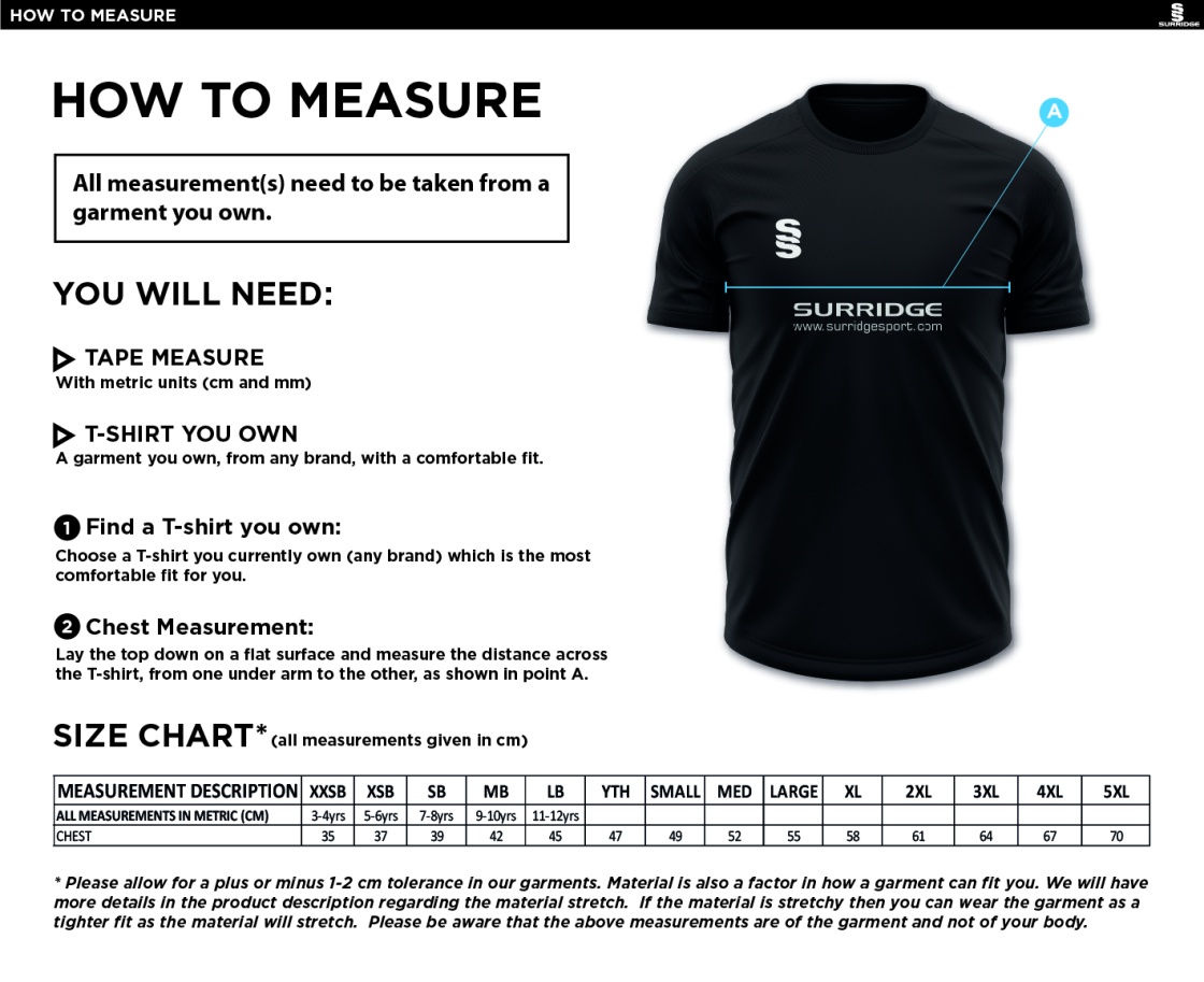 Conisbrough CC - Blade Training T-shirt - Size Guide