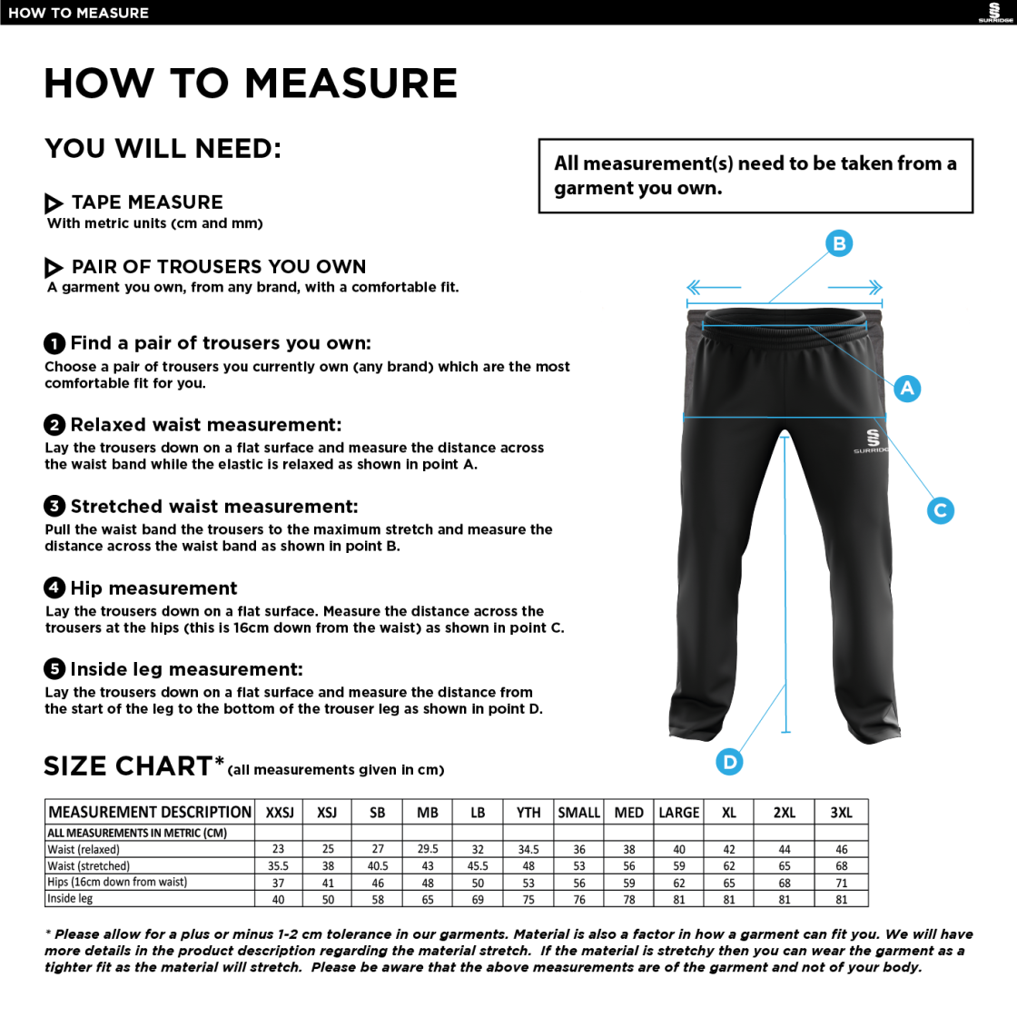 Conisbrough CC - Poplin Track Pant - Size Guide