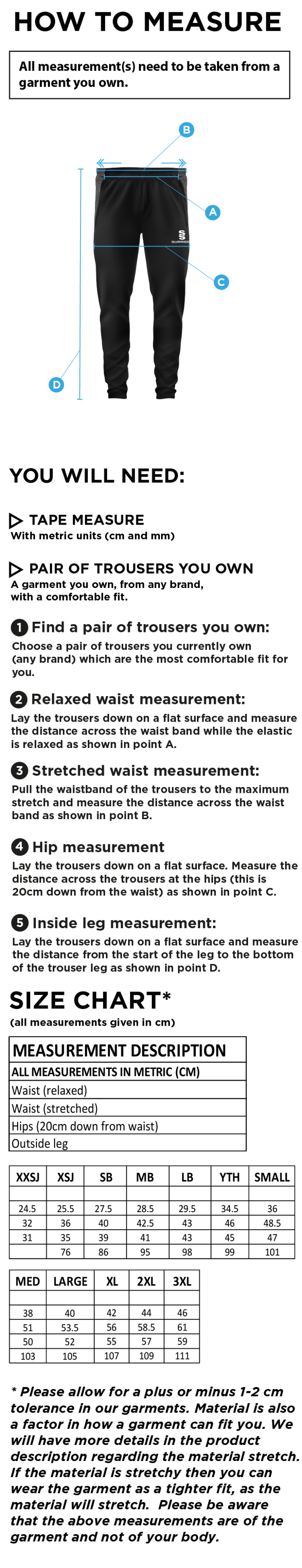 Conisbrough CC - Slim Training Pants - Size Guide