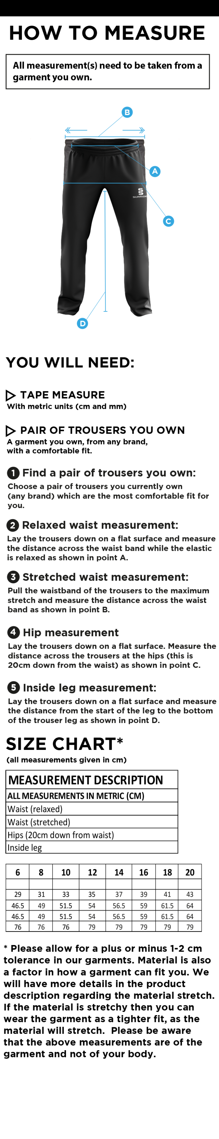 Conisbrough CC - Women's Poplin Track Pant - Size Guide