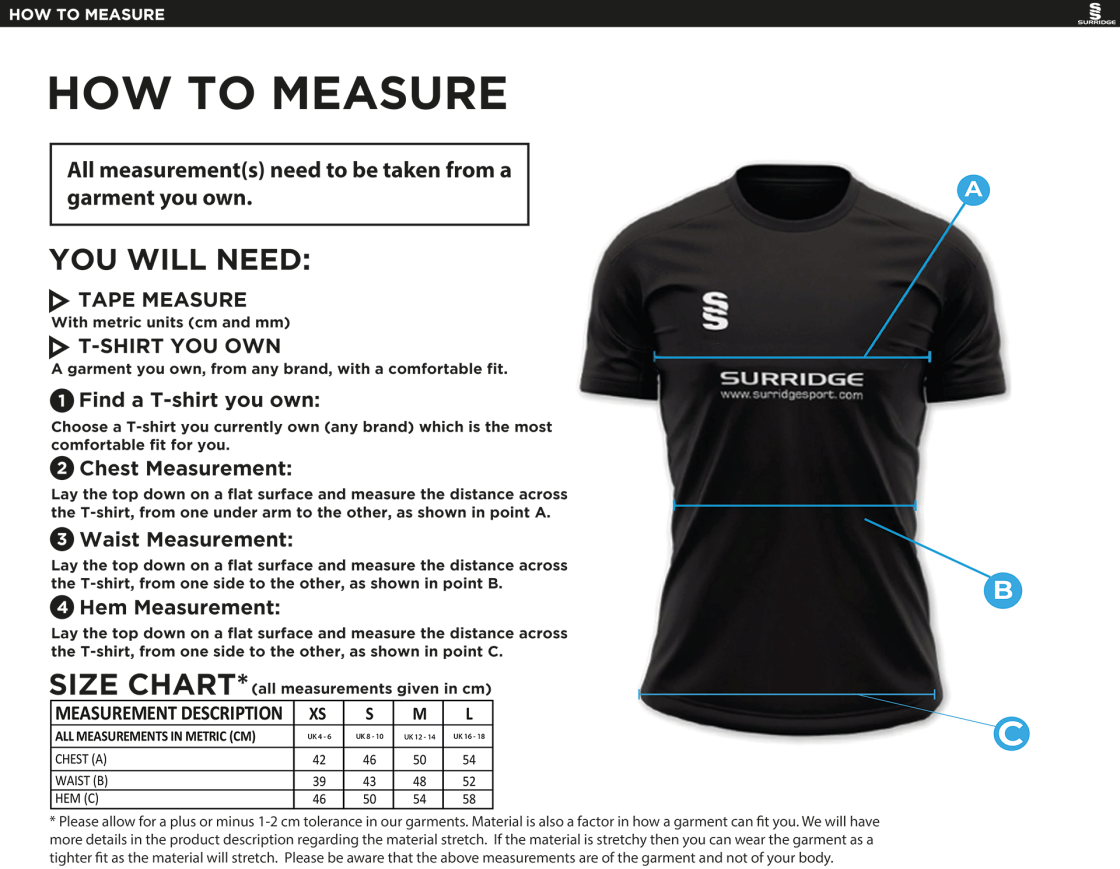 Conisbrough CC - Women's Dual Polo Shirt - Size Guide