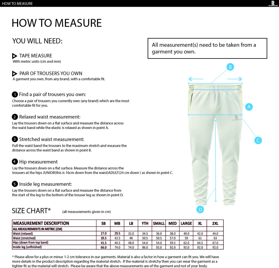 Conisbrough CC - Tapered Fit Cricket Trousers - Size Guide