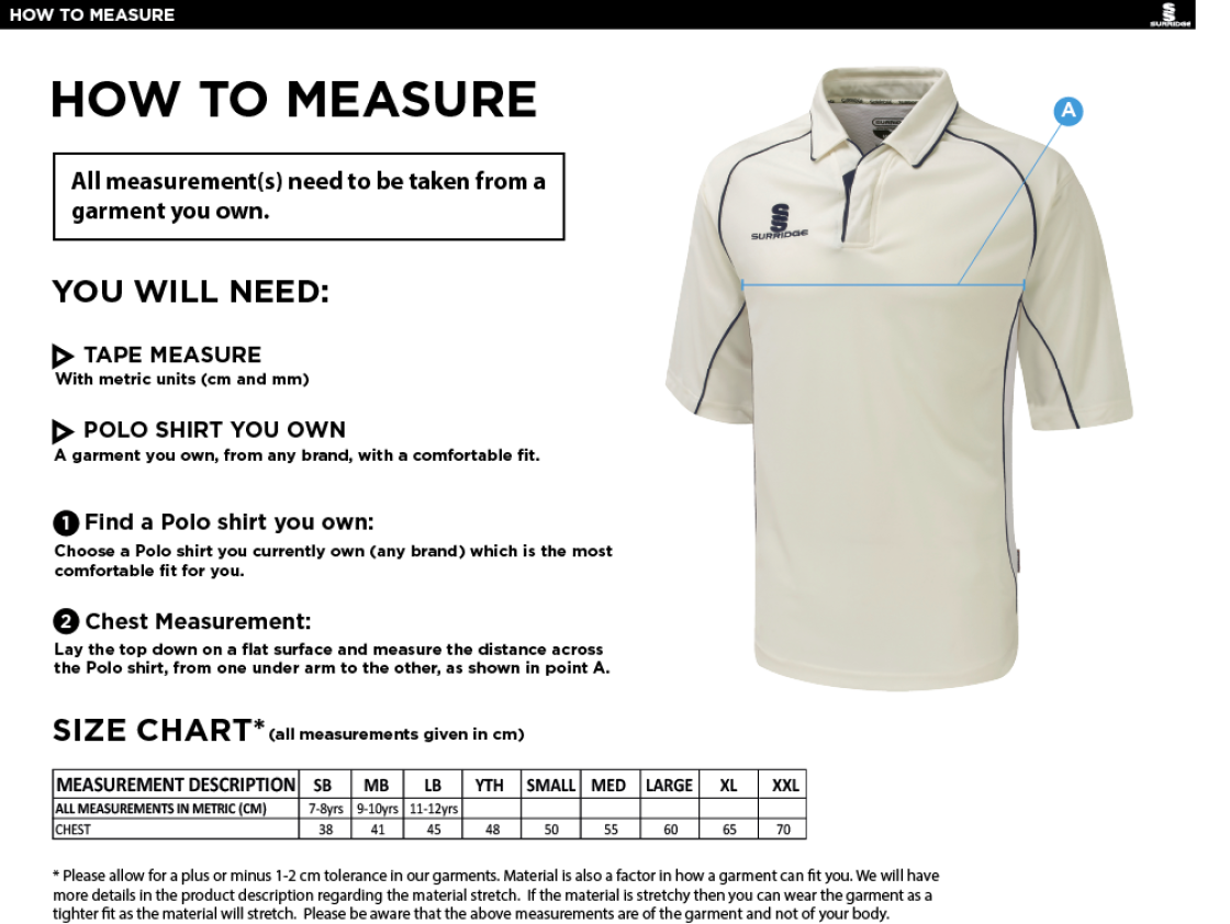 Conisbrough CC - Premier 3/4 Sleeve Playing Shirt - Size Guide