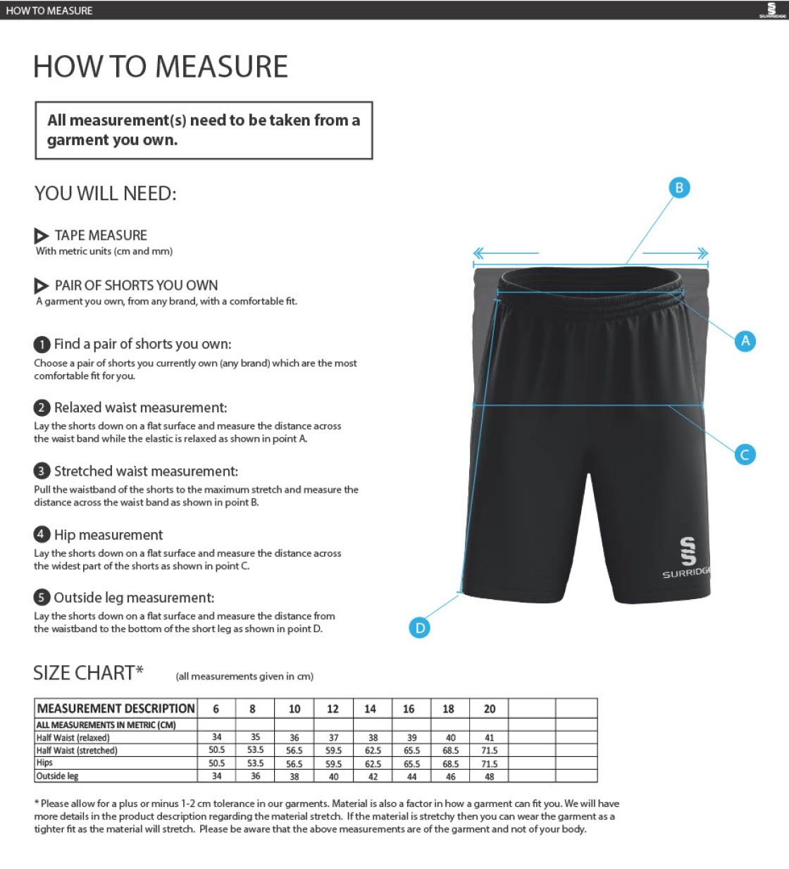 Conisbrough CC - Women's Ripstop Leisure Shorts - Size Guide
