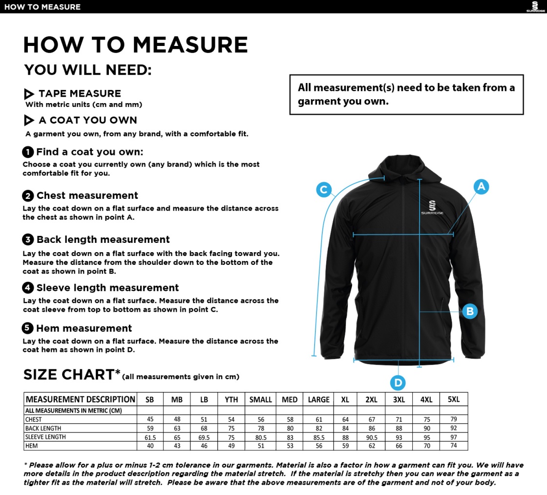 Conisbrough CC - Lightweight Full Zip Training Jacket - Size Guide