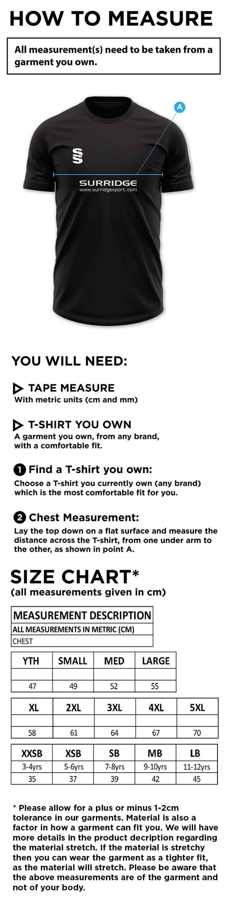 Conisbrough CC - Dual Gym Shirt - Size Guide