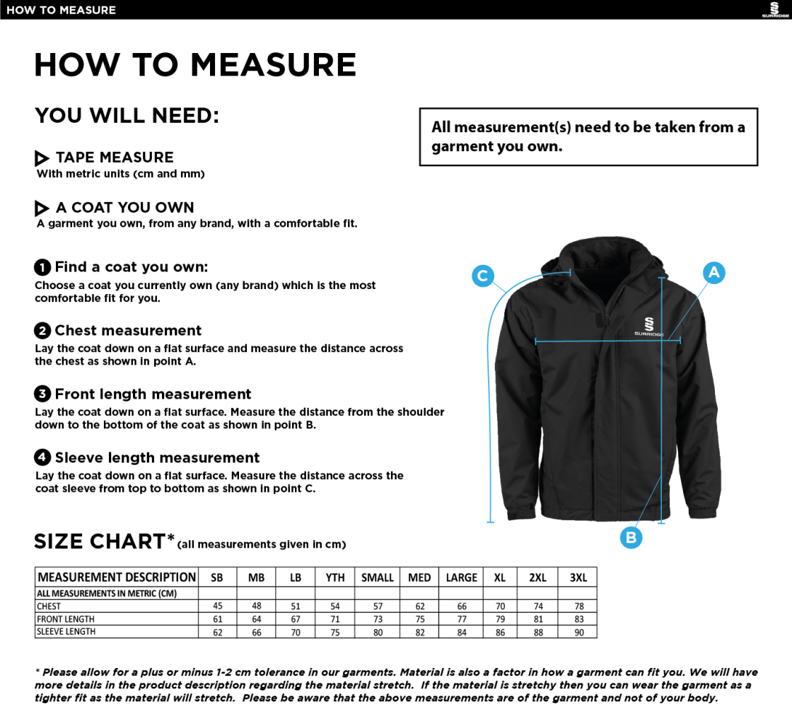 Conisbrough CC - Fleeced Line Jacket - Size Guide