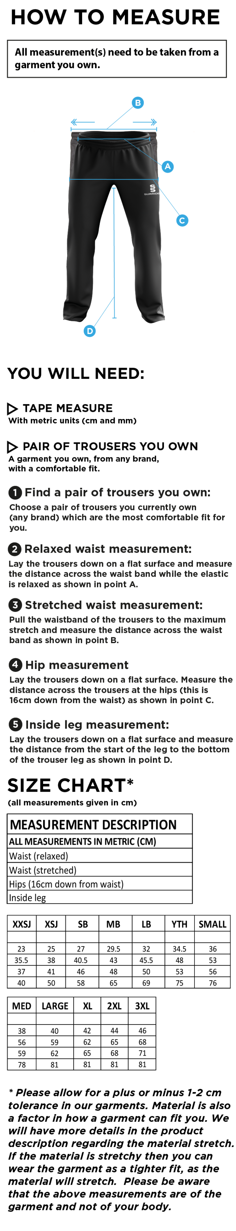 Conisbrough CC - Poplin Track Pant - Size Guide