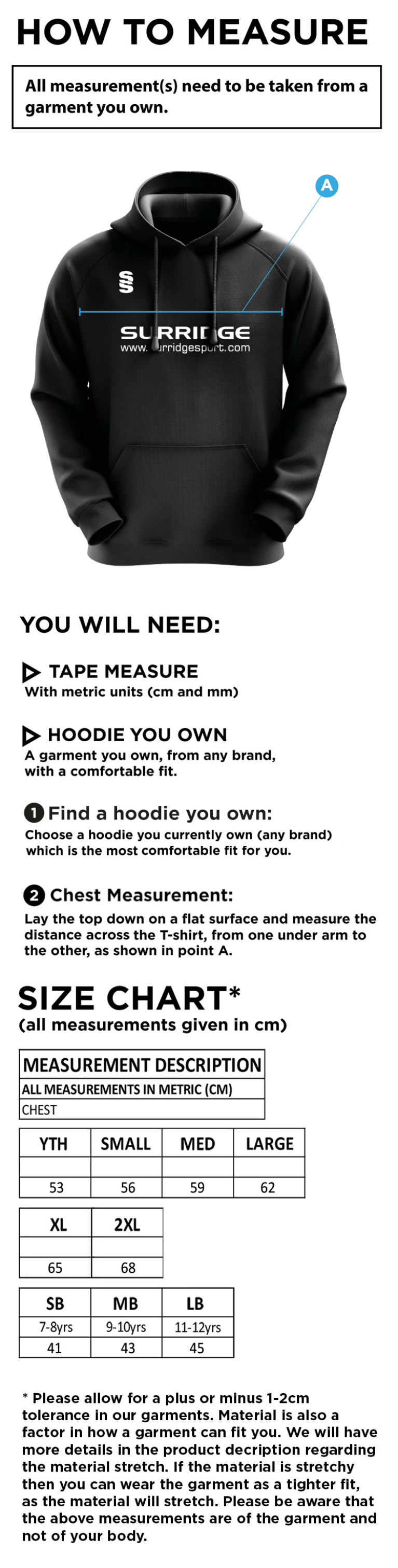Conisbrough CC - Blade Hoody - Size Guide