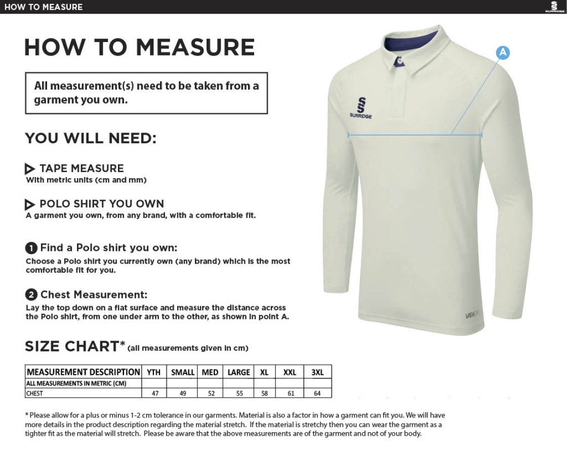 Conisbrough CC - Ergo Long Sleeve Playing Shirt - Size Guide