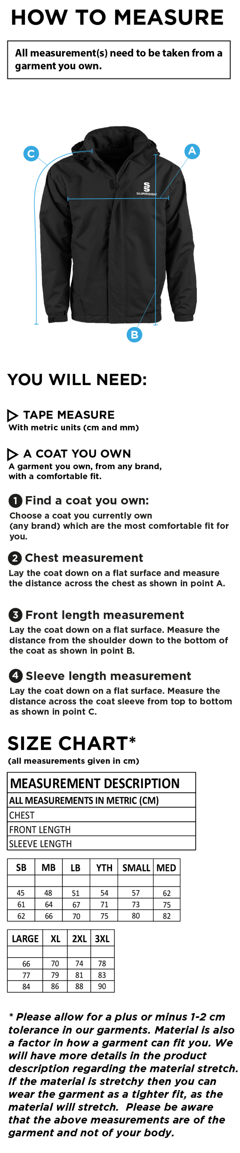 Conisbrough CC - Fleeced Line Jacket - Size Guide