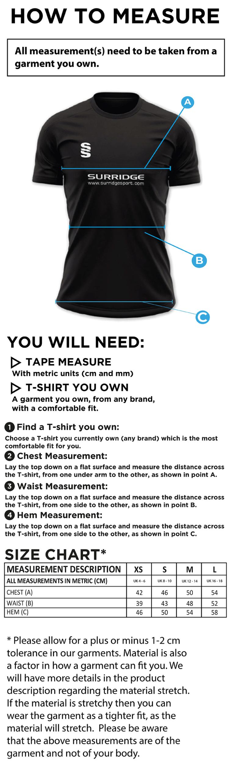 Conisbrough CC - Women's Dual Polo Shirt - Size Guide
